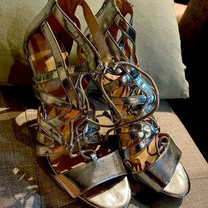 Womens shoes with heels open toes sexy elegant warrior.  Gold 10 1/2”